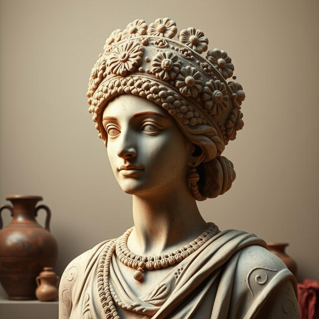 A visually striking representation of the Dama de Elche, an ancient Iberian sculpture, showcasing her detailed headdress adorned with ornate floral and geometric patterns