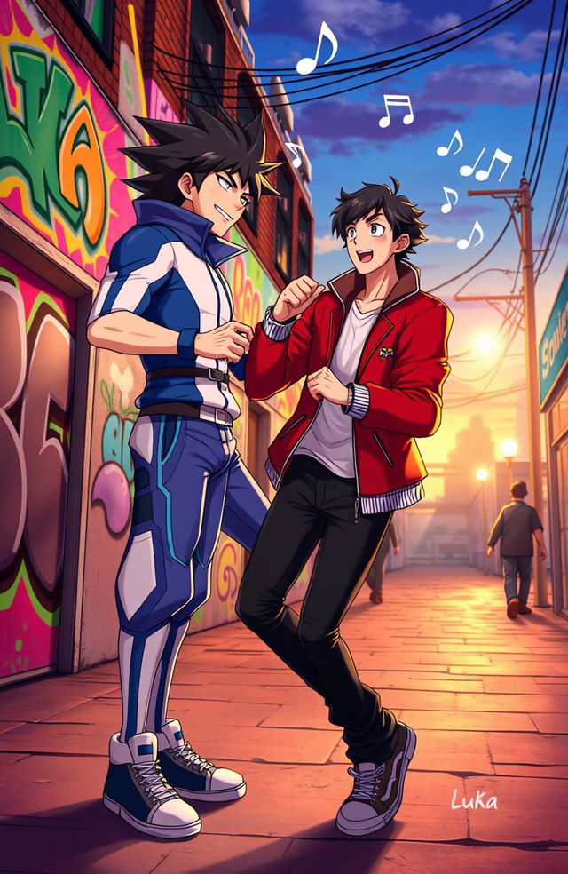 A visually striking scene featuring two characters: Dosa, a tall, athletic individual with short spiky black hair and wearing a blue and white uniform, showcasing confidence and energy; and Luka, a slightly shorter character with long wavy dark hair, dressed in a stylish red jacket and black pants, exuding charisma and charm