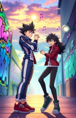 A visually striking scene featuring two characters: Dosa, a tall, athletic individual with short spiky black hair and wearing a blue and white uniform, showcasing confidence and energy; and Luka, a slightly shorter character with long wavy dark hair, dressed in a stylish red jacket and black pants, exuding charisma and charm