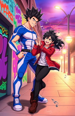 A visually striking scene featuring two characters: Dosa, a tall, athletic individual with short spiky black hair and wearing a blue and white uniform, showcasing confidence and energy; and Luka, a slightly shorter character with long wavy dark hair, dressed in a stylish red jacket and black pants, exuding charisma and charm