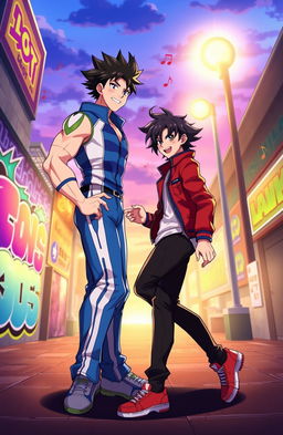 A visually striking scene featuring two characters: Dosa, a tall, athletic individual with short spiky black hair and wearing a blue and white uniform, showcasing confidence and energy; and Luka, a slightly shorter character with long wavy dark hair, dressed in a stylish red jacket and black pants, exuding charisma and charm