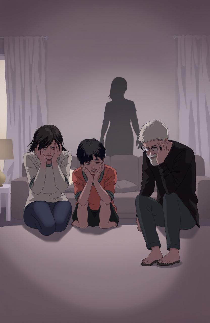 A poignant scene depicting a fractured family unit, showcasing an emotional atmosphere filled with tension and sorrow