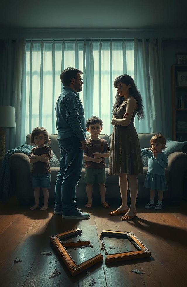 A dramatic scene illustrating a broken family due to infidelity