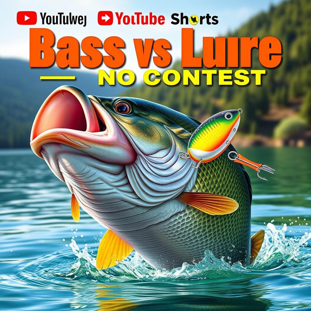 An engaging and realistic thumbnail featuring a large bass fish in an action-packed pose, just about to strike a vividly colored minnow lure