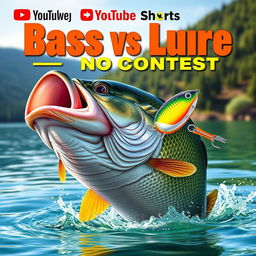 An engaging and realistic thumbnail featuring a large bass fish in an action-packed pose, just about to strike a vividly colored minnow lure