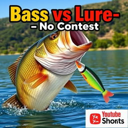 An engaging and realistic thumbnail featuring a large bass fish in an action-packed pose, just about to strike a vividly colored minnow lure