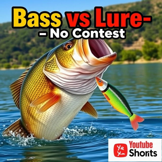 An engaging and realistic thumbnail featuring a large bass fish in an action-packed pose, just about to strike a vividly colored minnow lure