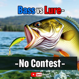 An engaging and realistic thumbnail featuring a large bass fish in an action-packed pose, just about to strike a vividly colored minnow lure