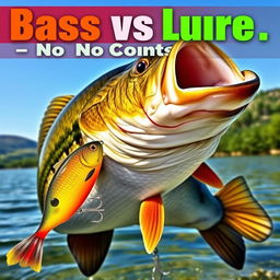 An engaging and realistic thumbnail featuring a large bass fish in an action-packed pose, just about to strike a vividly colored minnow lure