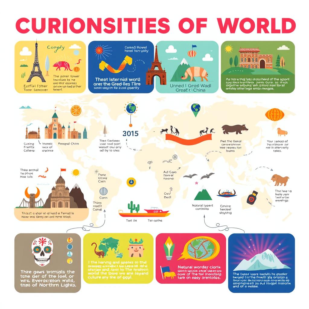 A visually striking infographic showcasing various curiosities of the world including unique landmarks like the Eiffel Tower and the Great Wall of China, unusual animals such as the axolotl, interesting cultural traditions like The Day of the Dead, and natural wonders like the Northern Lights