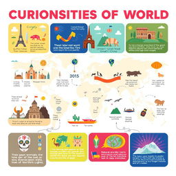 A visually striking infographic showcasing various curiosities of the world including unique landmarks like the Eiffel Tower and the Great Wall of China, unusual animals such as the axolotl, interesting cultural traditions like The Day of the Dead, and natural wonders like the Northern Lights