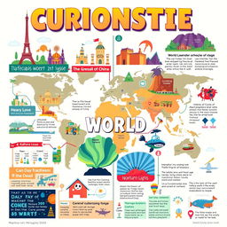 A visually striking infographic showcasing various curiosities of the world including unique landmarks like the Eiffel Tower and the Great Wall of China, unusual animals such as the axolotl, interesting cultural traditions like The Day of the Dead, and natural wonders like the Northern Lights