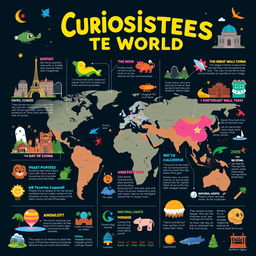 A visually striking infographic showcasing various curiosities of the world including unique landmarks like the Eiffel Tower and the Great Wall of China, unusual animals such as the axolotl, interesting cultural traditions like The Day of the Dead, and natural wonders like the Northern Lights