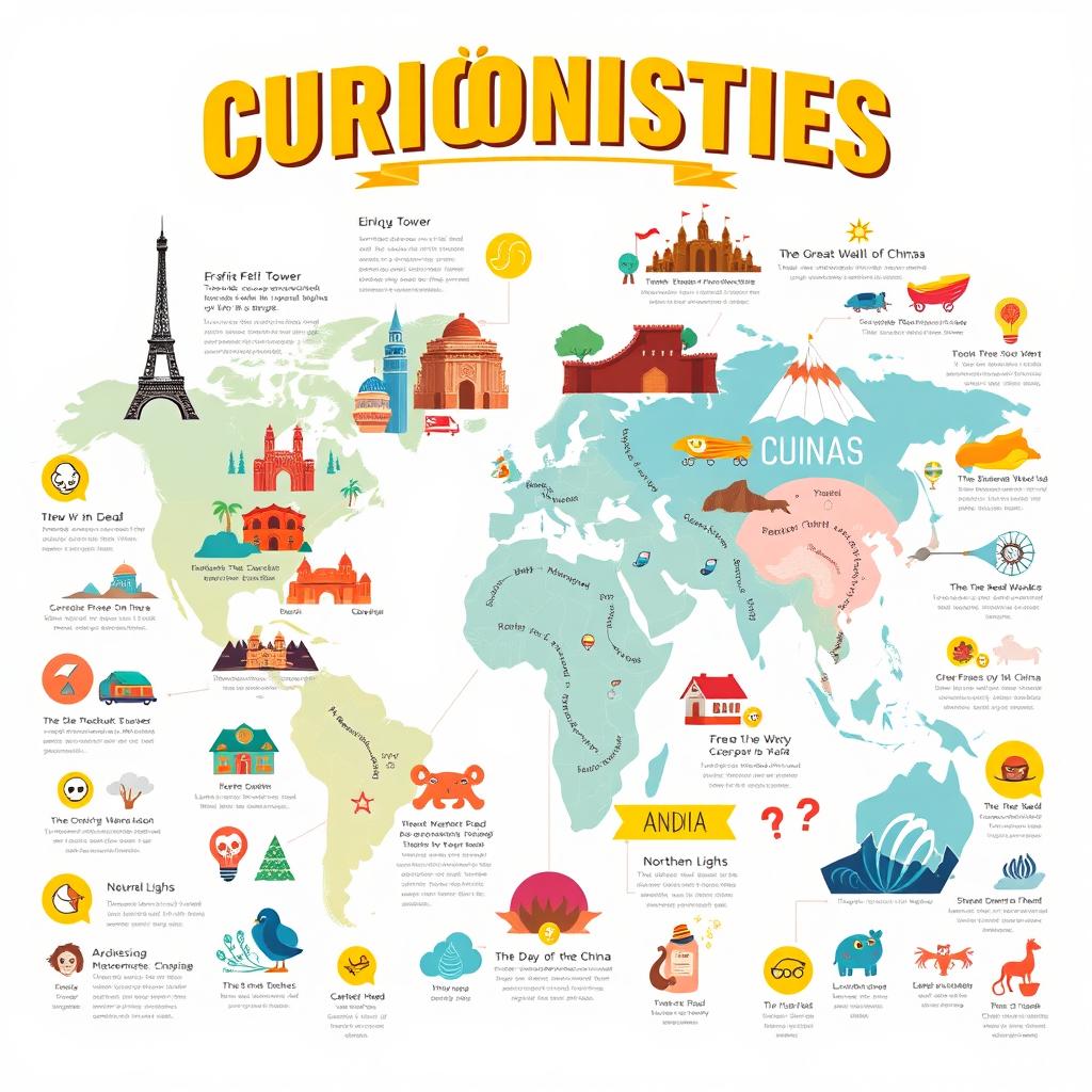 A visually striking infographic showcasing various curiosities of the world including unique landmarks like the Eiffel Tower and the Great Wall of China, unusual animals such as the axolotl, interesting cultural traditions like The Day of the Dead, and natural wonders like the Northern Lights