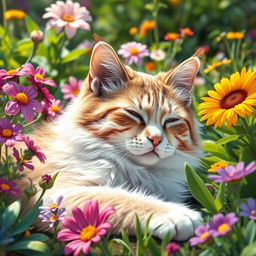 a vibrant, artistic representation of a beautiful cat relaxing in a sunny garden, surrounded by colorful flowers and lush greenery, capturing the serene essence of nature