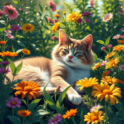 a vibrant, artistic representation of a beautiful cat relaxing in a sunny garden, surrounded by colorful flowers and lush greenery, capturing the serene essence of nature