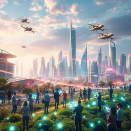 A visually stunning representation of cutting-edge technology, featuring a futuristic city skyline with advanced architecture, flying cars, and neon lights