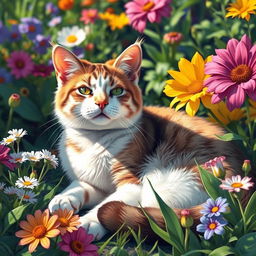 a vibrant, artistic representation of a beautiful cat relaxing in a sunny garden, surrounded by colorful flowers and lush greenery, capturing the serene essence of nature