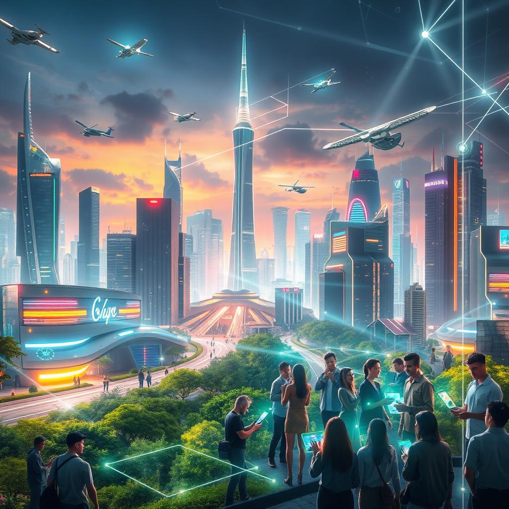 A visually stunning representation of cutting-edge technology, featuring a futuristic city skyline with advanced architecture, flying cars, and neon lights