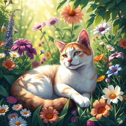 a vibrant, artistic representation of a beautiful cat relaxing in a sunny garden, surrounded by colorful flowers and lush greenery, capturing the serene essence of nature
