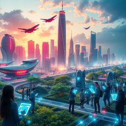 A visually stunning representation of cutting-edge technology, featuring a futuristic city skyline with advanced architecture, flying cars, and neon lights