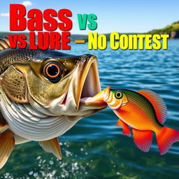 A captivating thumbnail in 1920x1080 resolution featuring a large bass fish intensely focused on striking a vibrant minnow lure that is clearly visible in the image