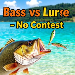 A captivating thumbnail in 1920x1080 resolution featuring a large bass fish intensely focused on striking a vibrant minnow lure that is clearly visible in the image