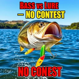 A captivating thumbnail in 1920x1080 resolution featuring a large bass fish intensely focused on striking a vibrant minnow lure that is clearly visible in the image