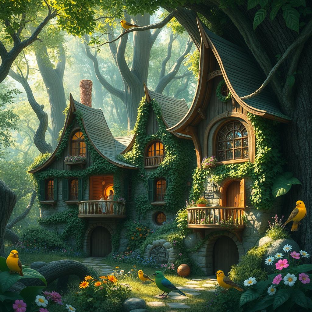 An enchanting scene featuring secret houses hidden within a lush, green forest