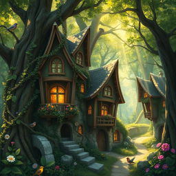 An enchanting scene featuring secret houses hidden within a lush, green forest