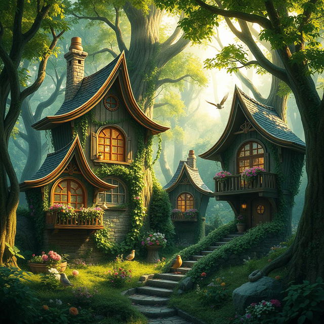 An enchanting scene featuring secret houses hidden within a lush, green forest