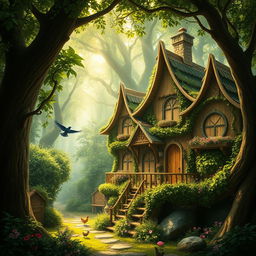 An enchanting scene featuring secret houses hidden within a lush, green forest