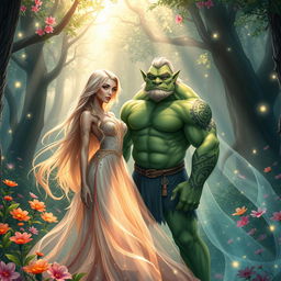 A stunning fantasy scene featuring a beautiful blonde woman and a green-skinned troll