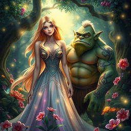 A stunning fantasy scene featuring a beautiful blonde woman and a green-skinned troll