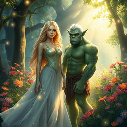 A stunning fantasy scene featuring a beautiful blonde woman and a green-skinned troll