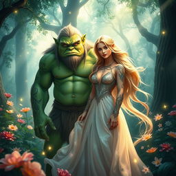 A stunning fantasy scene featuring a beautiful blonde woman and a green-skinned troll