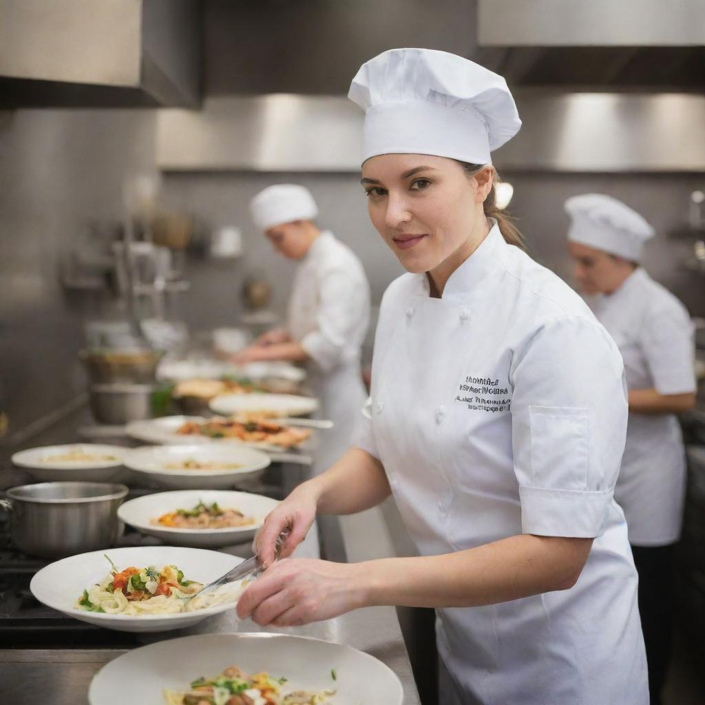 A professional female chef skillfully working in a bustling, fully equipped restaurant kitchen, dressed in a white chef's uniform and a toque.