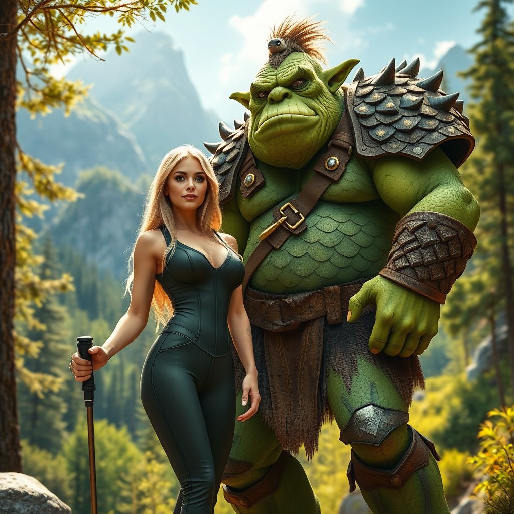 A beautiful blonde woman dressed in a sleek, fitted hiking suit, standing confidently next to a tall, imposing green troll