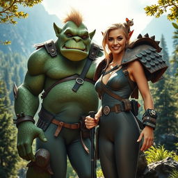 A beautiful blonde woman dressed in a sleek, fitted hiking suit, standing confidently next to a tall, imposing green troll