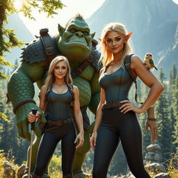 A beautiful blonde woman dressed in a sleek, fitted hiking suit, standing confidently next to a tall, imposing green troll