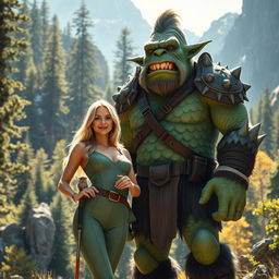 A beautiful blonde woman dressed in a sleek, fitted hiking suit, standing confidently next to a tall, imposing green troll