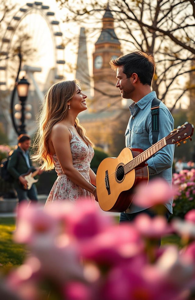 A romantic scene set in London, featuring a beautiful couple sharing a tender moment in a picturesque park