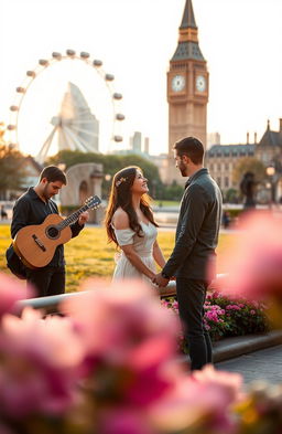 A romantic scene set in London, featuring a beautiful couple sharing a tender moment in a picturesque park