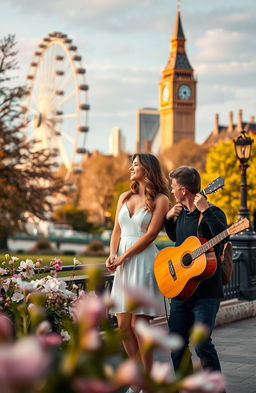 A romantic scene set in London, featuring a beautiful couple sharing a tender moment in a picturesque park