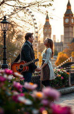 A romantic scene set in London, featuring a beautiful couple sharing a tender moment in a picturesque park