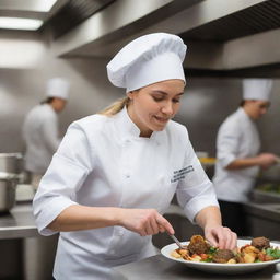 A professional female chef skillfully working in a bustling, fully equipped restaurant kitchen, dressed in a white chef's uniform and a toque.