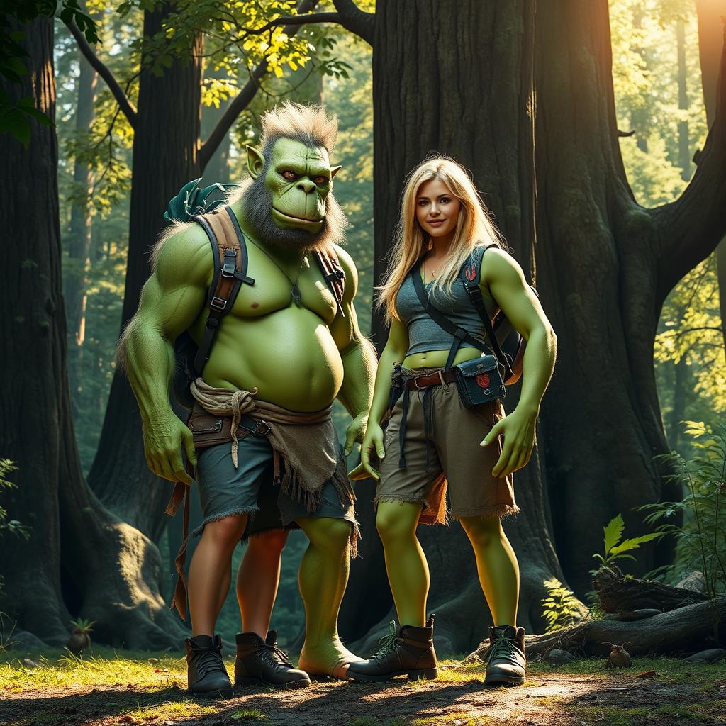 A beautiful blonde woman wearing a stylish hiking suit, equipped with a backpack and hiking boots, standing confidently next to a tall green troll