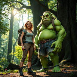 A beautiful blonde woman wearing a stylish hiking suit, equipped with a backpack and hiking boots, standing confidently next to a tall green troll