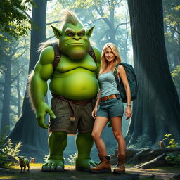 A beautiful blonde woman wearing a stylish hiking suit, equipped with a backpack and hiking boots, standing confidently next to a tall green troll