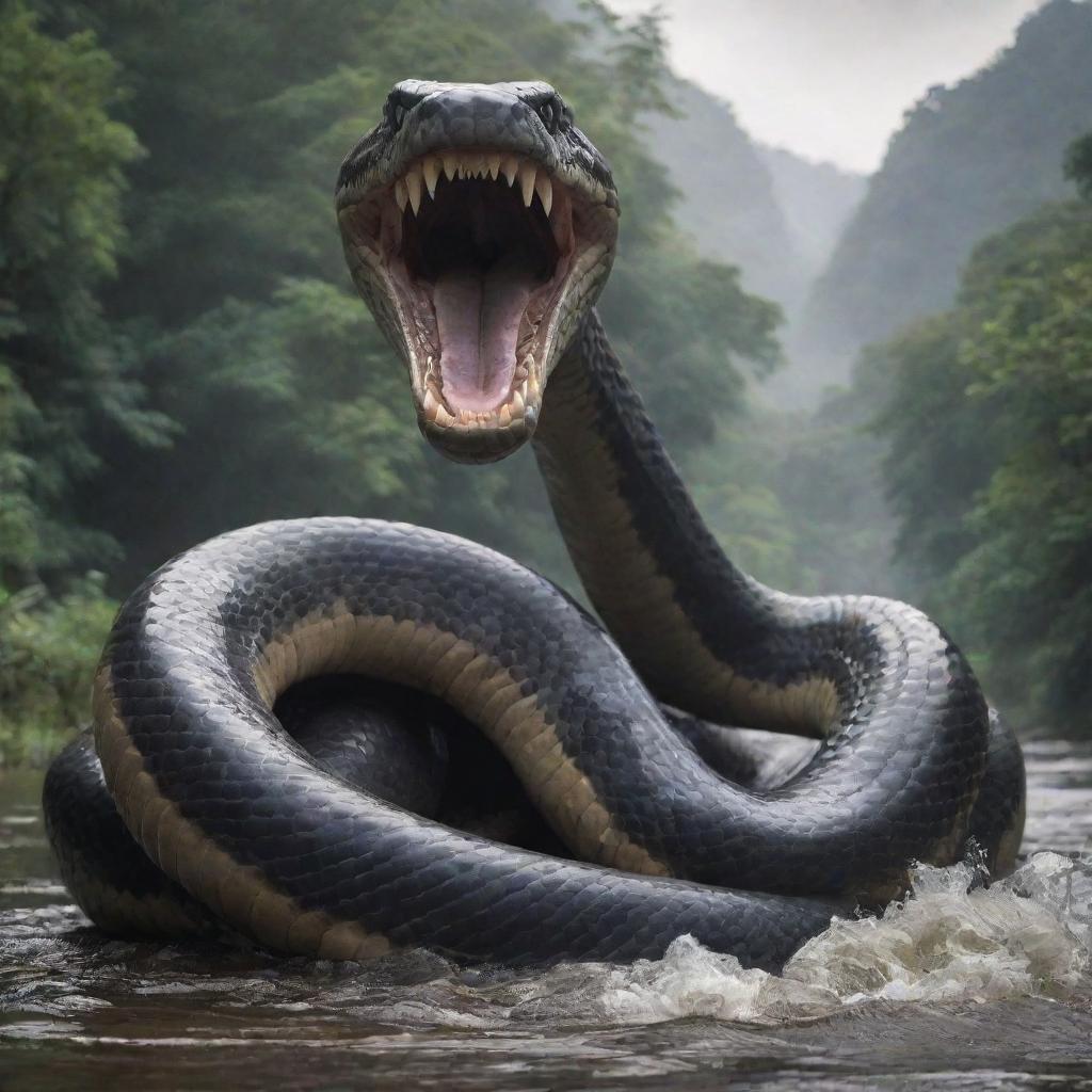 A gigantic, 10 meters high snake with sharp, menacing teeth and four muscular limbs, poised intimidatingly in the midst of a winding river.